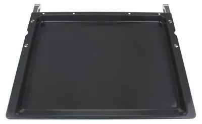 A black oven baking tray with metal clips on the top edge, shown from a slightly elevated angle against a white background.