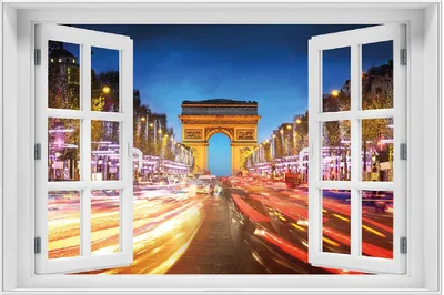 Produktbild von Wallario Wandbild mit Fenster-Illusion: Arc de triomphe in Paris bei Nacht, Größe: 61 x 91,5 cm, Poster mit weißem Aluminiumrahmen