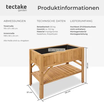 Produktbild von Tectake Hochbeet, braun, 119 x 57 x 90 cm, aus imprägniertem Nadelholz & Folie, mit 1 Ablage, witterungsbeständig, rückenschonende Arbeitshöhe