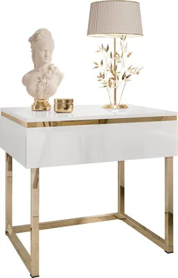 Produktbild von Nachttisch AURORA weiß hochglanz auf goldenem Gestell