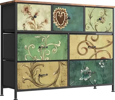 Zdjęcie produktu dla Fortuna Lai komoda z 7 szufladami bohemy toaletka z drewnianym blatem szuflady z tkaniny metalowa rama komoda z tkaniny organizer wieża do salonu pokój dziecięcy sypialnia przedpokój