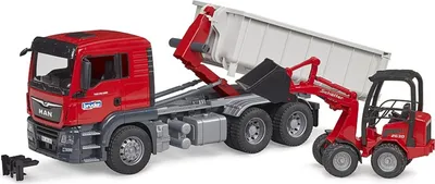Produktbild von bruder 03767 MAN TGS LKW mit Abrollcontainer + Schäffer Hoflader 2630