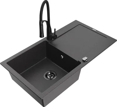 Image de Mexen Leo évier 1 bac en granit avec égouttoir et mitigeur Aster, noir moucheté - 6501-76-73450-70-B