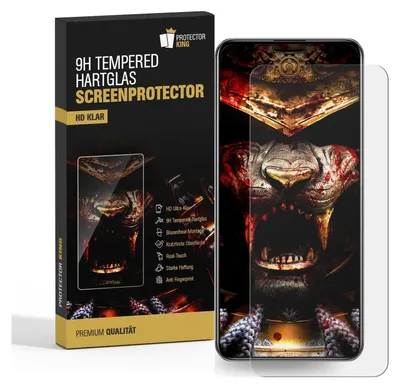 A product box and a screen protector for a smartphone, with a graphic of a lion's head on both.