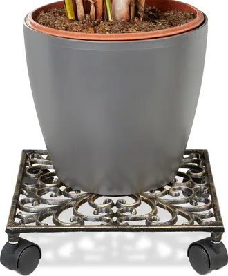 Obrázok produktu pre 10 ks podstavcov pod kvetináče z liateho železa, štvorcové, 27,5 x 27,5 cm, podložky pod kvetináče, 4 kolieska, stabilné, podstavce pod kvetináče, bronzové