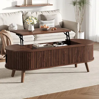 Immagine prodotto di Tavolino da salotto, dimensioni 120 x 50 x 39,5 cm, tavolino con piano sollevabile, realizzato in MDF al 100%, legno, noce, con spazio contenitivo nascosto e 5 ripiani