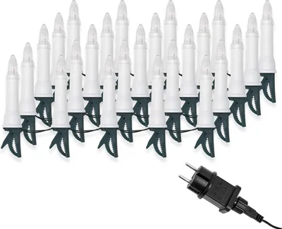 A string of LED Christmas lights shaped like candles, with a power plug.