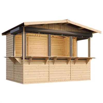 A wooden garden house or market stall shown from the front.