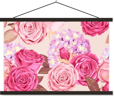 Produktbild von MuchoWow® Textilposter Rosen - Hortensien - Blumen - Rosa 90x60 cm mit schwarzem Rahmen - Aufhängungssatz