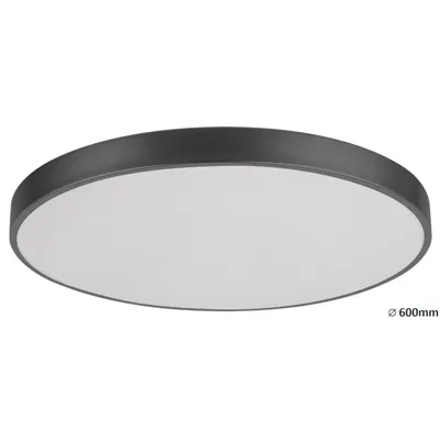 A round, black and white ceiling light fixture against a white background.
