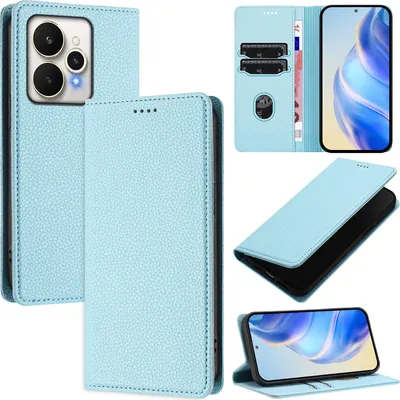 Produktbild von Litchi Leder Handyhülle für Realme 15 / Realme 15 Pro 5G Wallet Kartenfächer Standfunktion Hülle Hellblau