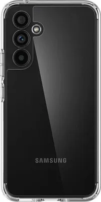 The back of a clear phone case with a black phone inside.