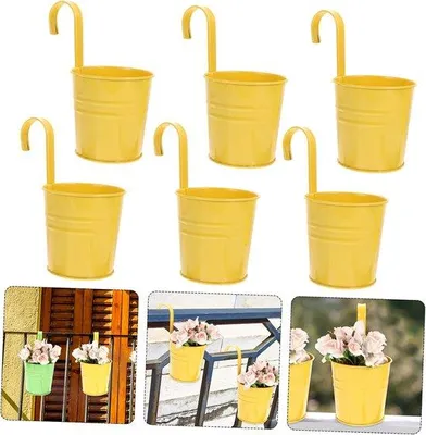 Image de Six pots de fleurs suspendus en métal, 10 cm, petits pots de fleurs suspendus, adaptés à une utilisation à l'intérieur ou sur un balcon - avec crochets amovibles - jaune