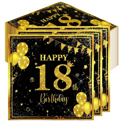 40 Servietten Happy 18. Geburtstag, Schwarz-Gold, 33x33 cm