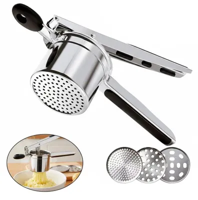Produktbild von Kartoffelpresse - Mit 3 austauschbaren Siebeinsätzen - Für Kartoffelpüree, Gemüsebrei und Spätzle - Edelstahl