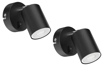 Immagine prodotto di ledscom.de, 2 faretti da parete WAIKA, a luce singola, con interruttore, attacco GU10, colore nero opaco, inclusa lampada LED GU10 da 468 lm, luce bianco caldo
