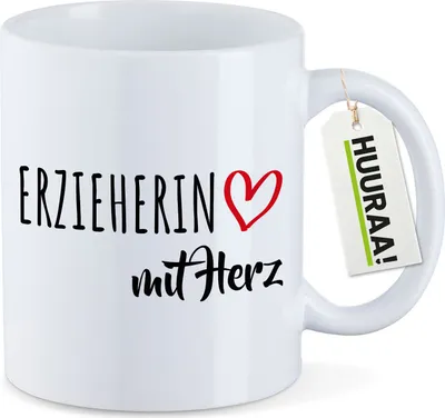 Produktbild von Huuraa Kaffeetasse Erzieherin mit Herz 330ml Weiß Keramik Kaffeebecher Geschenkidee