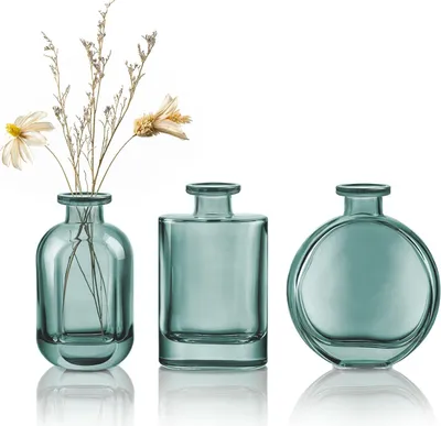 Image de Set bleu-vert de 3 petits vases en verre - vases à fleurs colorés pour le bureau - vases à nœuds décoratifs pour la maison, le bureau, la décoration de table.