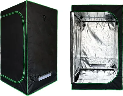 A split image showing a closed and an open grow tent.