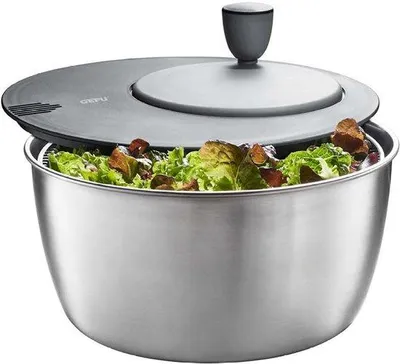 Produktbild von Famanu Salatschleuder Edelstahl, 24 cm, mit Handkurbel und Ausgießer, spülmaschinenfest, 3 Liter Volumen