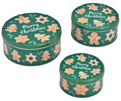 Immagine prodotto di Scatole per biscotti grandi in metallo con scritta Merry Christmas verde in un set di 3 pezzi
