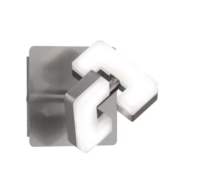 A modern, metallic wall light with two white, U-shaped light elements.