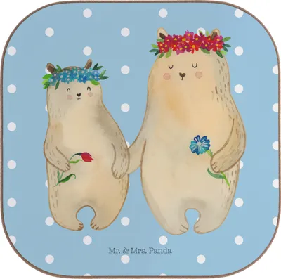 Produktbild von Mr. & Mrs. Panda Holzuntersetzer Bären mit Blumenkranz - Blau Pastell - Geschenk, Tischschoner, Vorbild, Family, Mama, gläseruntersetzer, Untersetzer Glas, Muttertag