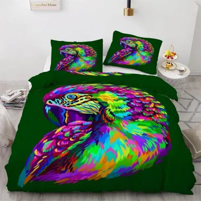 Obrázek produktu pro Souprava povlečení "Papoušek", 220x240 cm, 3 díly, mikrovlákno, barevné provedení s motivem graffiti, 3D efekt, oboustranný povlak na peřinu se zipem, 2 povlaky na polštáře 80x80 cm