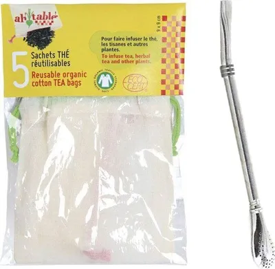 Produktbild von Packung mit 5 wiederverwendbaren Teebeuteln + Edelstahlstrohhalm mit Filter
