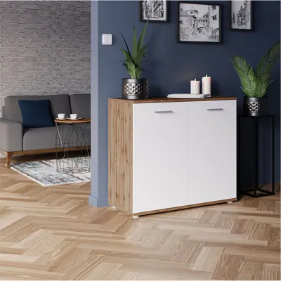 Produktbild von Kommode CHICAGO mit 2 Türen, moderne Anrichte, Sideboard Mehrzweckschrank für Wohnzimmer in Wotan Eiche/weiß