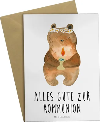 Produktbild von Mr. & Mrs. Panda Klappkarte Bär Kommunion - Weiß - Geschenk, weihnachtskarten, Taufkerze, Grußkarten, Teddy, Gottes Segen, glückwunschkarten, hochzeitskarten, osterkarten