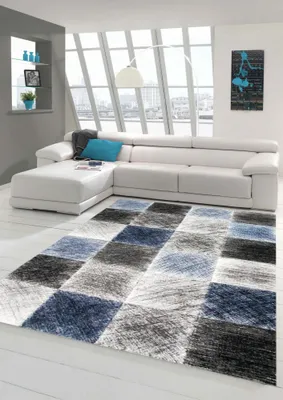 Image de Tapis design et moderne Tapis de salon bleu gris noir Taille - 200 x 290 cm