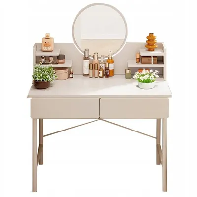 A vanity table with a mirror, drawers, shelves, and various cosmetic products.