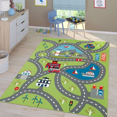Kinder-Teppich, Spiel-Teppich Für Kinderzimmer, Mit Straßen-Motiv, In Grün Größe 140x200 cm