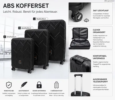 Produktbild von Kofferset 3-teilig aus ABS, Hartschalenkoffer mit 360° Doppelrollen inkl. Teleskopgriff (Schwarz)
