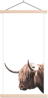 Produktbild von MuchoWow® Textilposter Schottisches Hochlandrind - Kopf - Weiß 60x120 cm mit holzfarbenen Rahmen - Holz