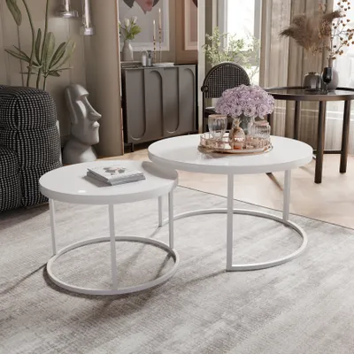 Produktbild von Idohome - Runder Couchtisch 2in1 LAVO mit Metalgestell, 80x48 cm+60x42 cm (Ø x H) Farbe: Weiß / Weiß Hochglanz