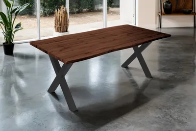 Produktbild von Esstisch 200x100 cm Baumkante Holz Nussbaum-Optik X-Gestell Metall schwarz JOSY