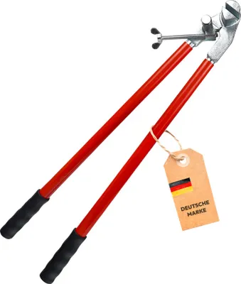 A pair of red handled bolt cutters with a brown tag attached.