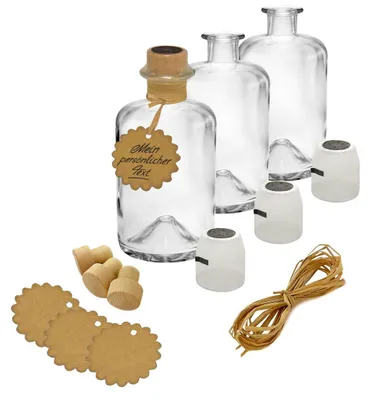 Produktbild von 9x Apothekerflaschen Glas Geschenk Komplettset leer 350 ml Anhänger Kapsel Siegel schwarz Korken Bast zum selbst befüllen