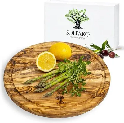 Image de Plaque ronde en bois d'olivier, Planche à viande, Planche à découper en bois, Plaques en bois, Planche à pizza, Planche à déjeuner en bois, 32 cm