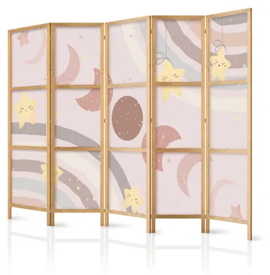 Produktbild von Muralo Japanischer PARAVENT 5-teilig Raumteiler klappbar PREMIUM-Vliesleinwand BOHO STERNE MONDE für Kinderzimmer 225cmx172cm