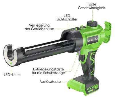 Immagine prodotto di Pistola elettrica a cartuccia - Pistola per colla a caldo - Alimentata a batteria - Per sigillanti per vetro e silicone - Luce LED - Senza fili - Per batteria da 18 V