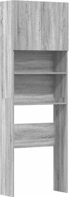 A freestanding cabinet with shelves and two doors at the top, designed to fit over a washing machine.