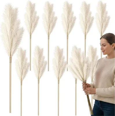 Image de Lot de 10 décorations artificielles en herbe de pampa blanche