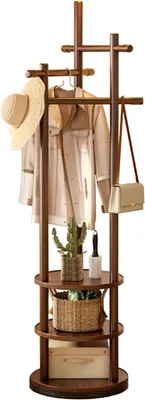 Imagen del producto de Perchero independiente, con base redonda giratoria, de madera, para pasillo. Estante para abrigos con 3 estantes, 6 ganchos, ideal para pasillos, dormitorios o salones (color nogal)