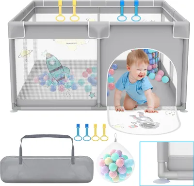 Zdjęcie produktu dla LZQ kojec dla dzieci 127x127cm, barierka dla dzieci z oddychającą siatką i zamkiem błyskawicznym, bezpieczny plac zabaw dla dzieci, antypoślizgowy kojec dla dzieci, szary z motywami astronautów