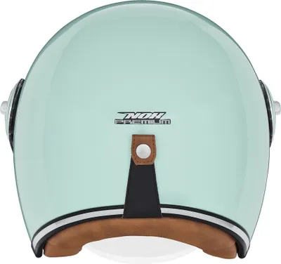 The back view of a pastel green motorcycle helmet with brown leather accents and a silver buckle.