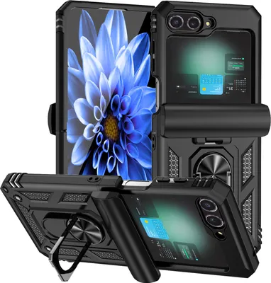 Obrázek produktu pro Hybridní pouzdro na Samsung Galaxy Z Flip 6 / Z Flip 7 FE dvouvrstvé pouzdro s prstencovým stojánkem a krytem na pant Černý