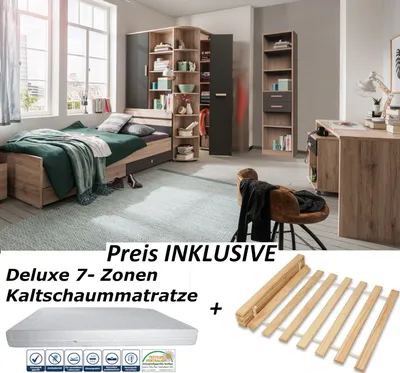 Produktbild von Jugendzimmer Cariba in Eiche San Remo und Graphit 8 teiliges Komplett Set INKLUSIVE Deluxe Matratze und Lattenrost, Kinderzimmer, Jugendmöbel